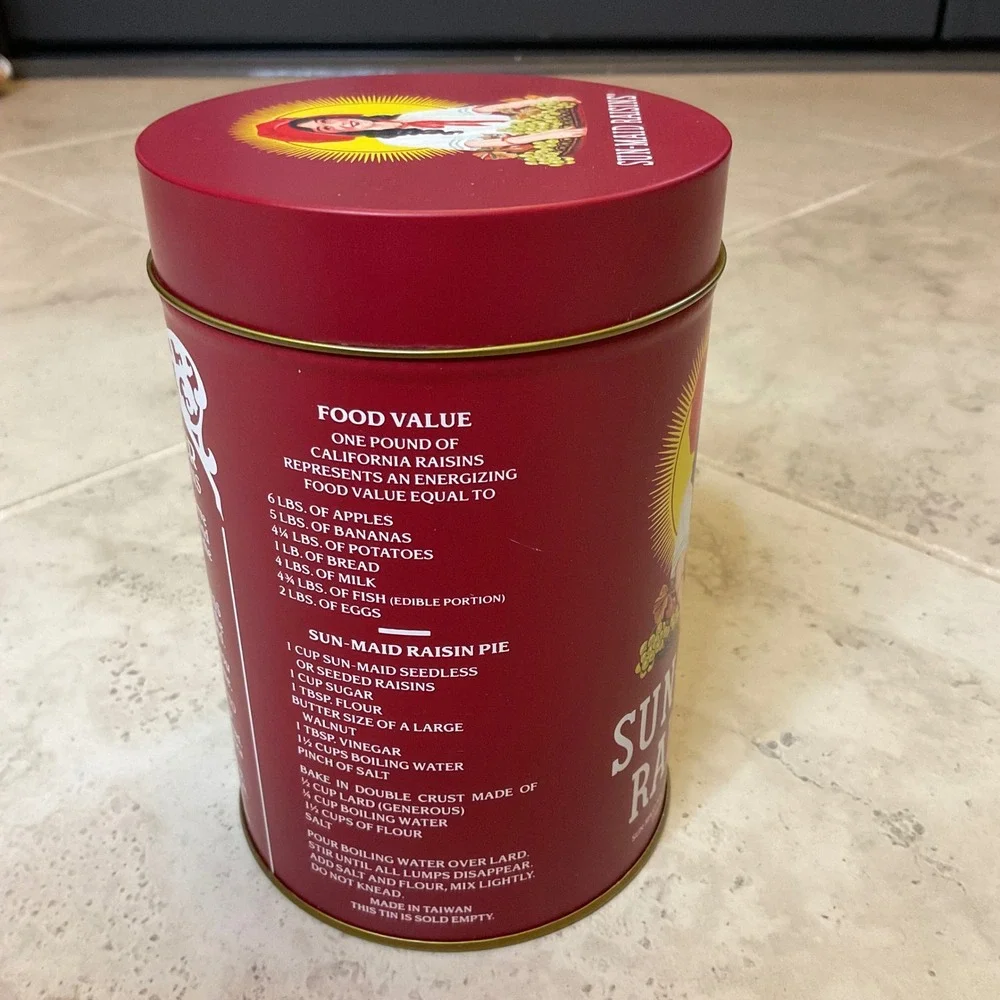 Vintage Sun-Maid Raisins Collectible Red Metal Tin Storage Canister with Recipe
